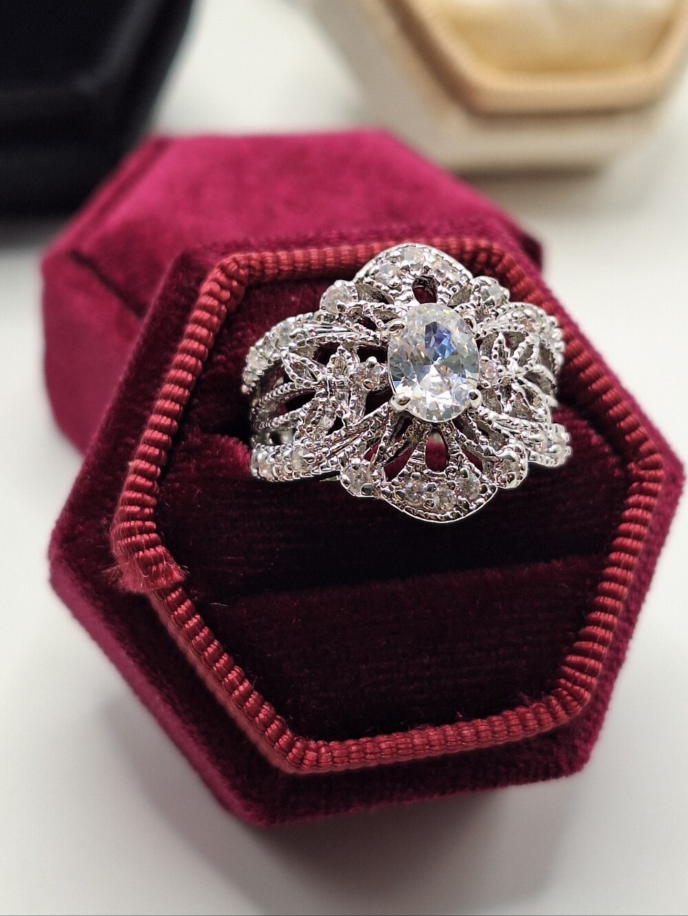 Vintage Style Swarovski Crystal Filigree Statement Ring Size 6.5